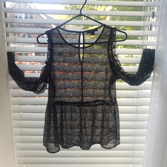 AMERICAN EAGLE BLACK FLORAL SHEER GAUZY COLD SHOULDER BOHO BLOUSE SIZE M… - Picture 12 of 12